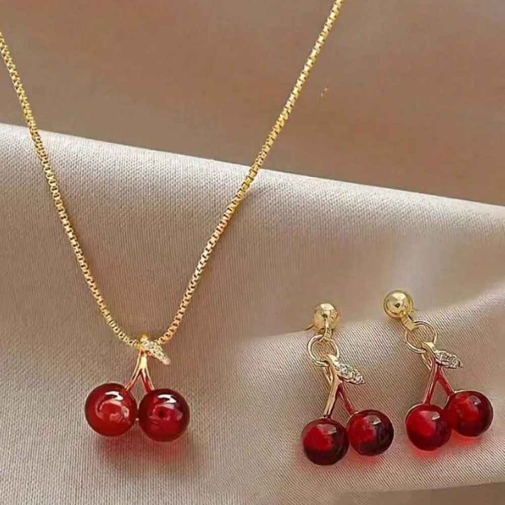 Retro Cherry Necklace and Earring Set